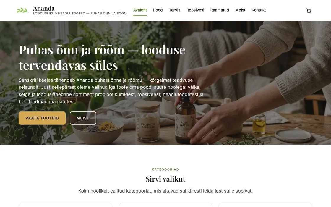 Screenshot of the Ananda natural wellbeing shop website