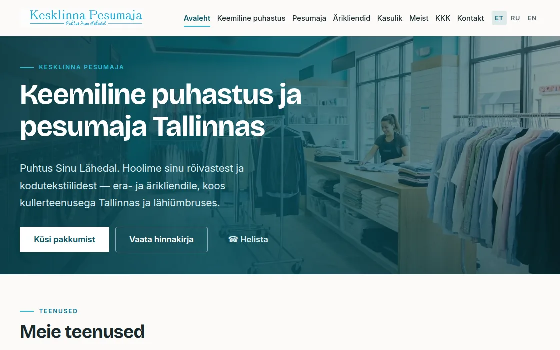 Screenshot of the Kesklinna Pesumaja laundry and dry cleaning website