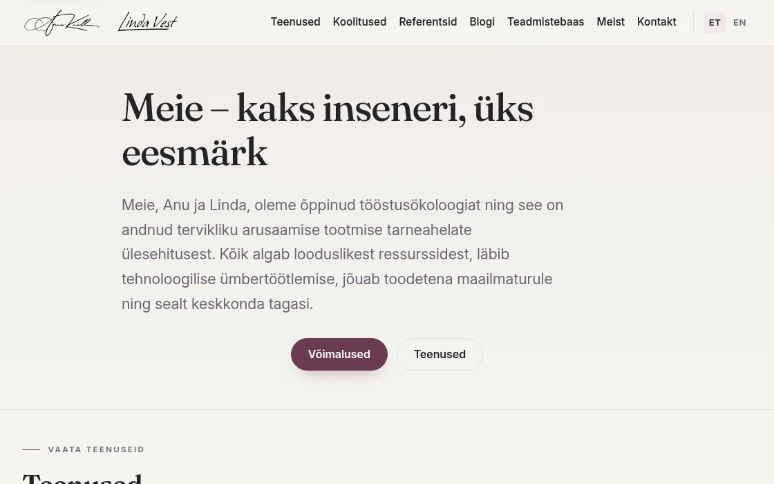 Screenshot of the Taasterahastu industrial-ecology consultancy website